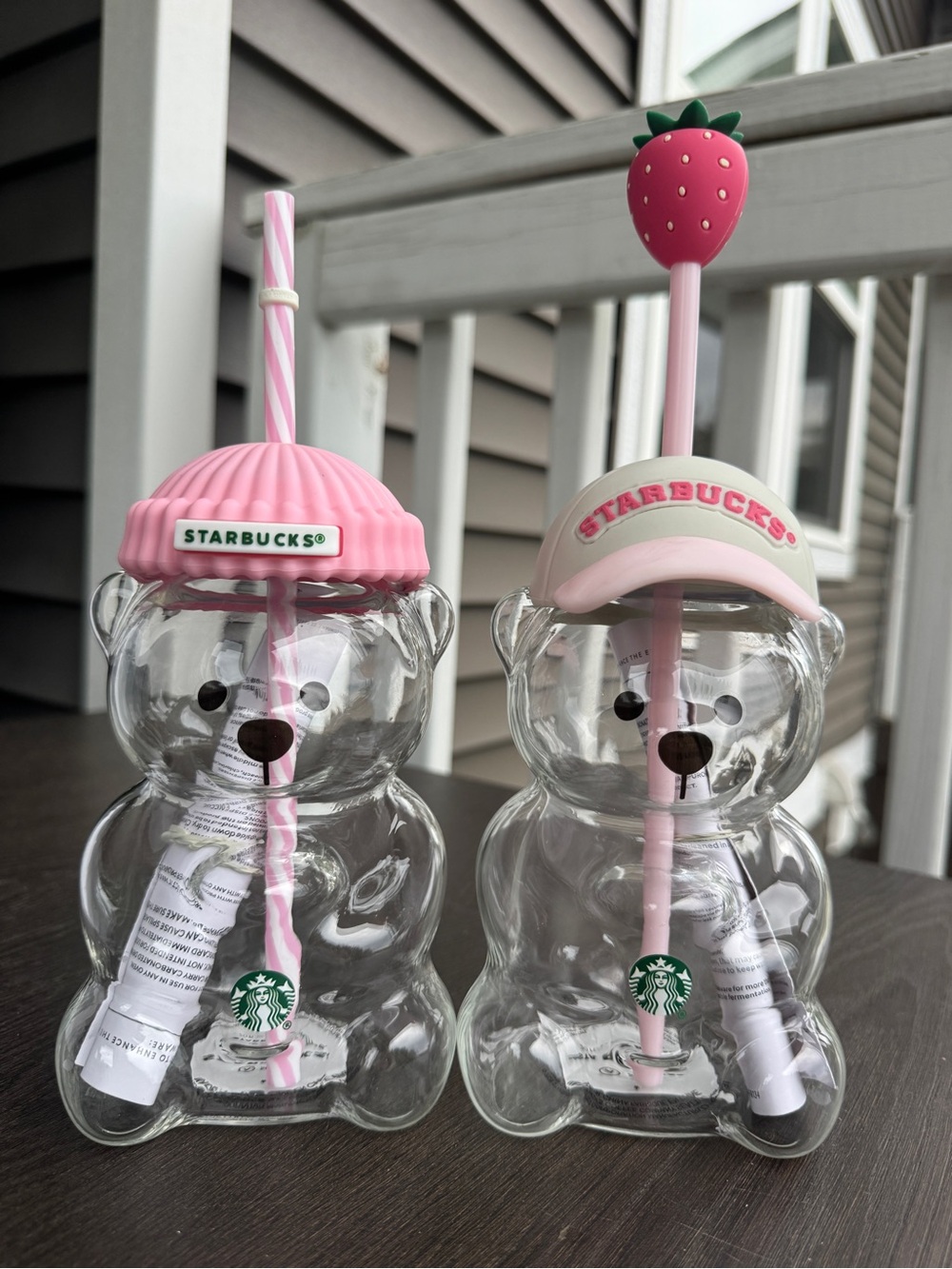 2 Cups Starbucks Pink Bear Straw Tumbler with Strawberry Straw and Striped Straw